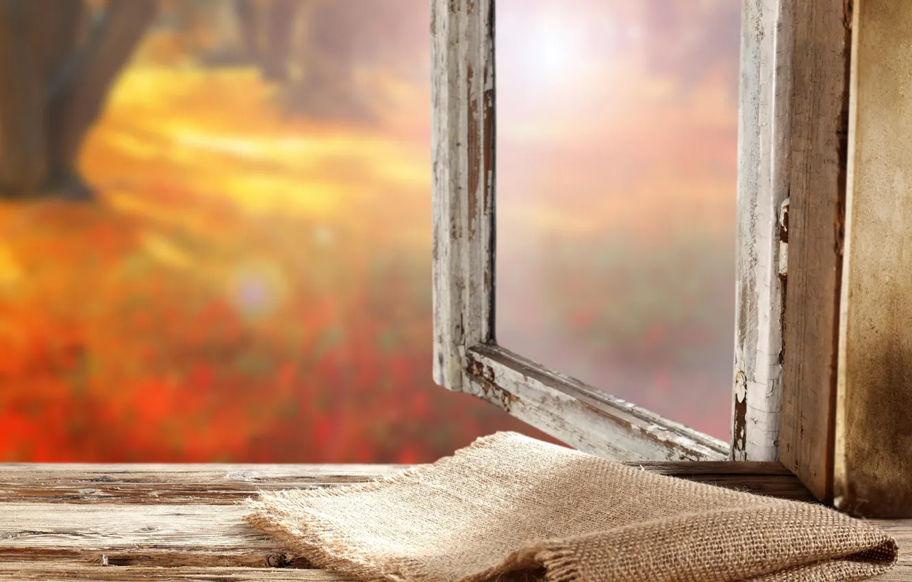 Photo wallpaper autumn, window, sill, burlap