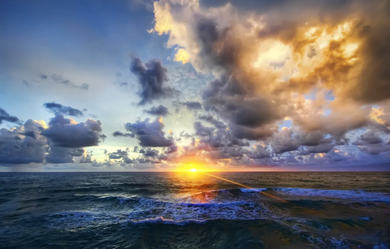Photo wallpaper sea, wave, the sky, clouds, rays, light, sunset, nature