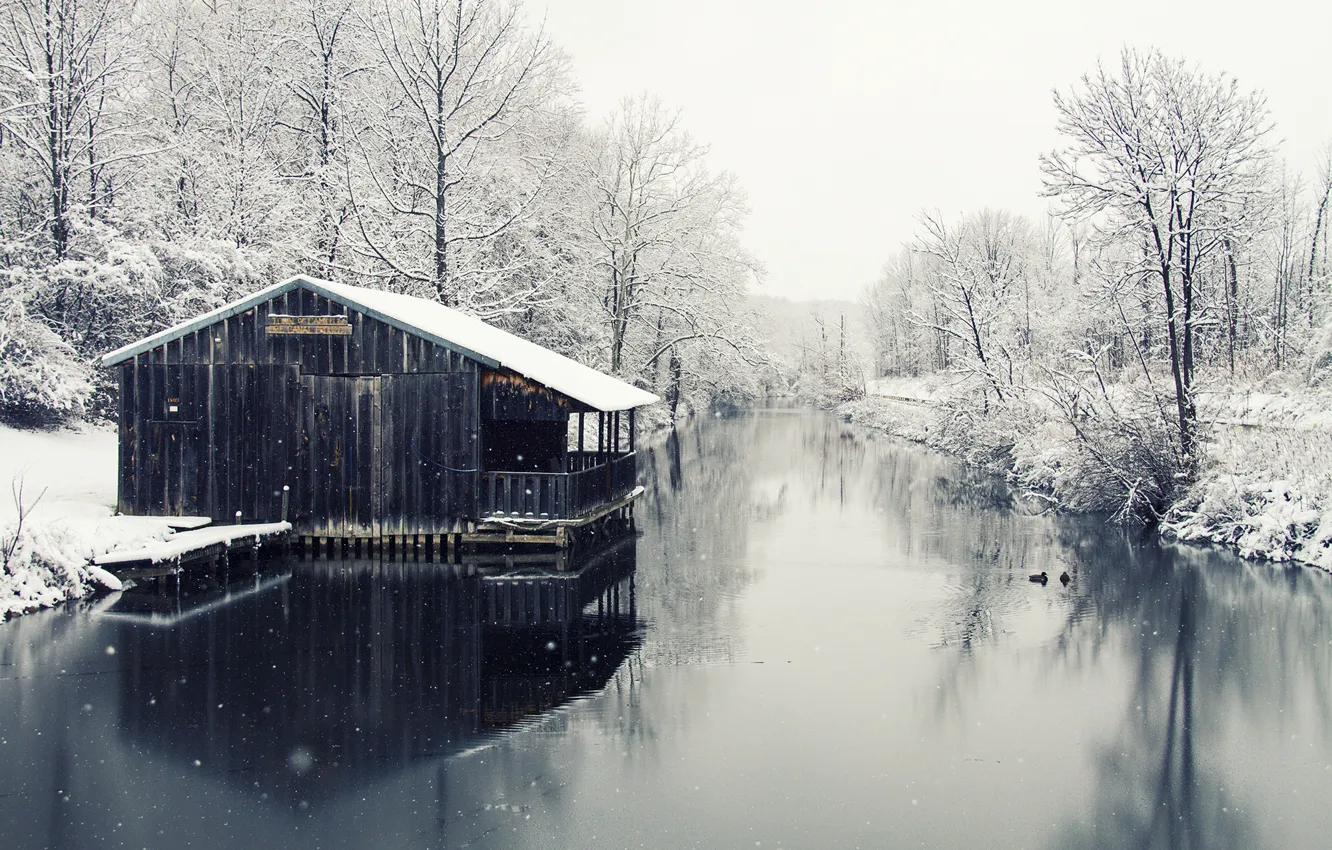 Photo wallpaper winter, river, home