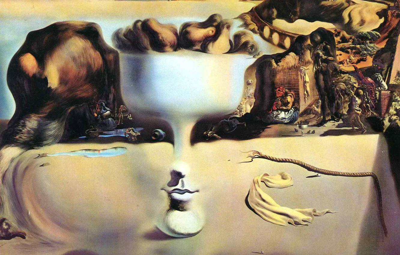 Photo wallpaper surrealism, picture, salvador dali, Salvador Dali, painter, 1938, the phenomenon of face and fruit bowl …