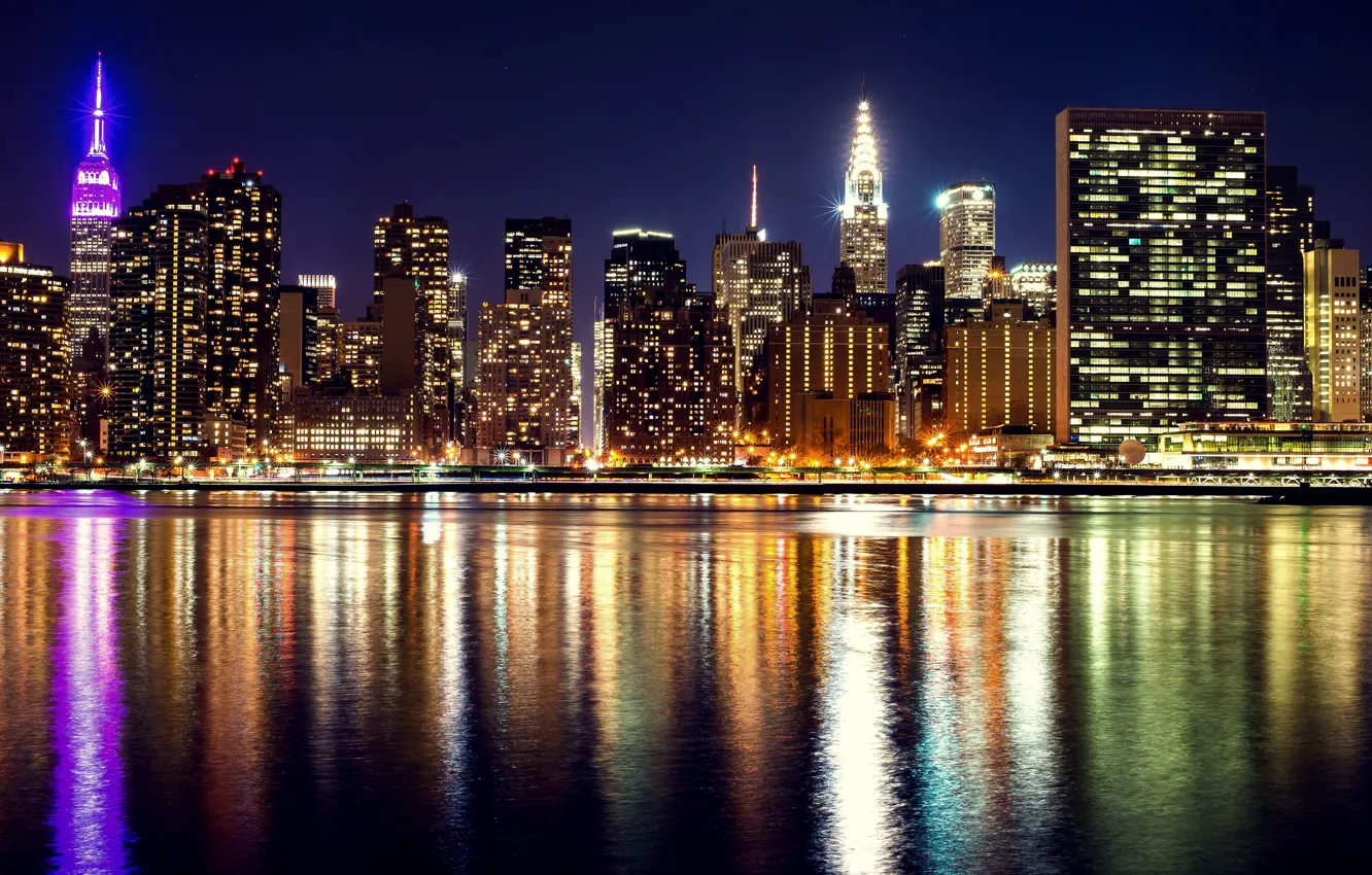 Photo wallpaper night, lights, river, home, New York, skyscrapers, lights, USA