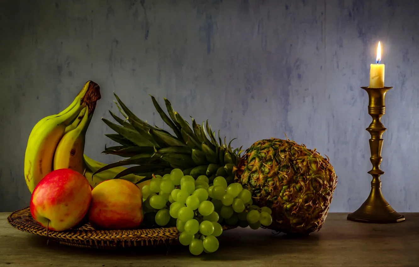 Photo wallpaper lights, table, apples, candles, grapes, bananas, fruit, pineapple