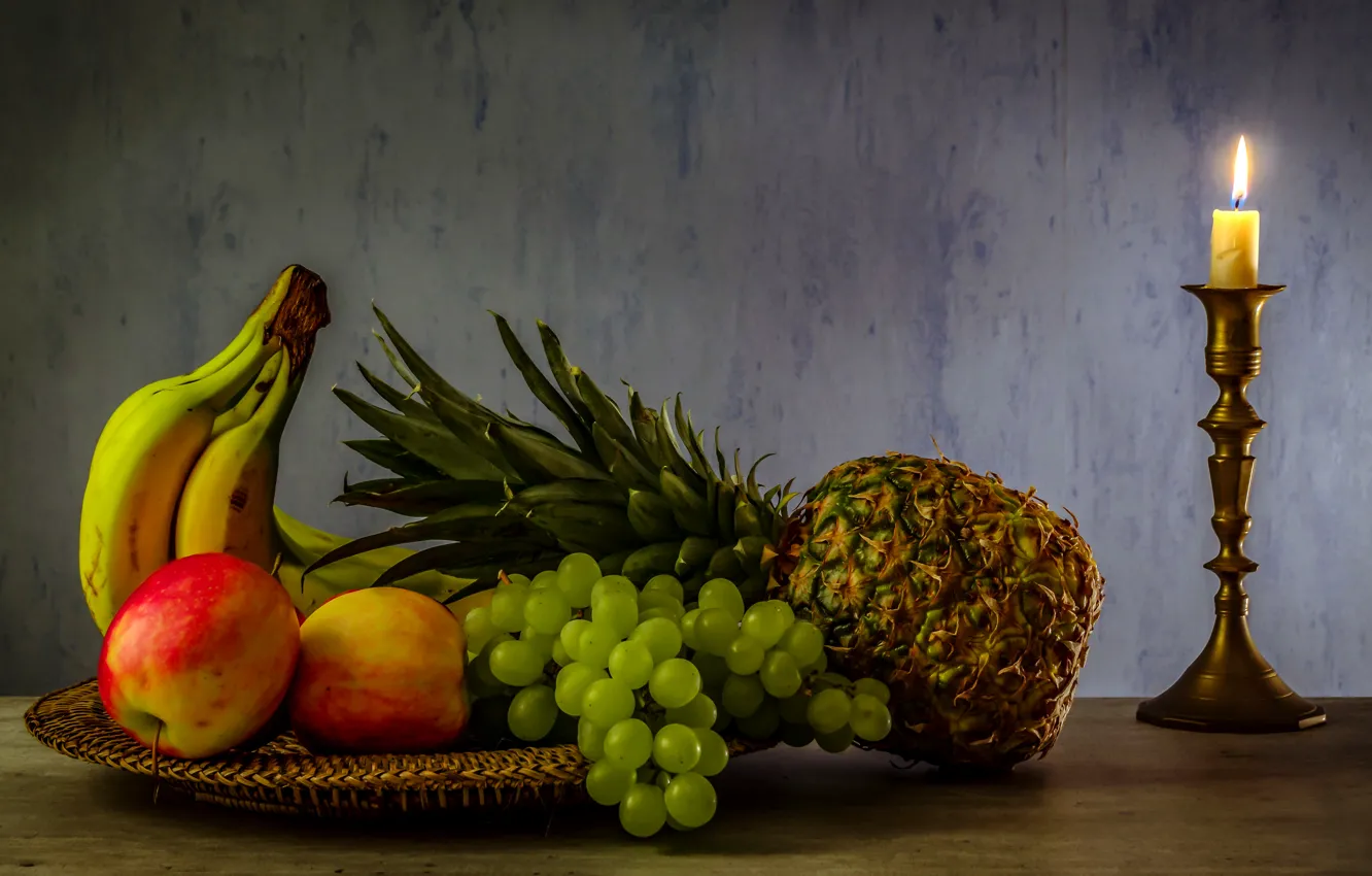 Photo wallpaper table, fire, apples, candle, grapes, bananas, fruit, pineapple