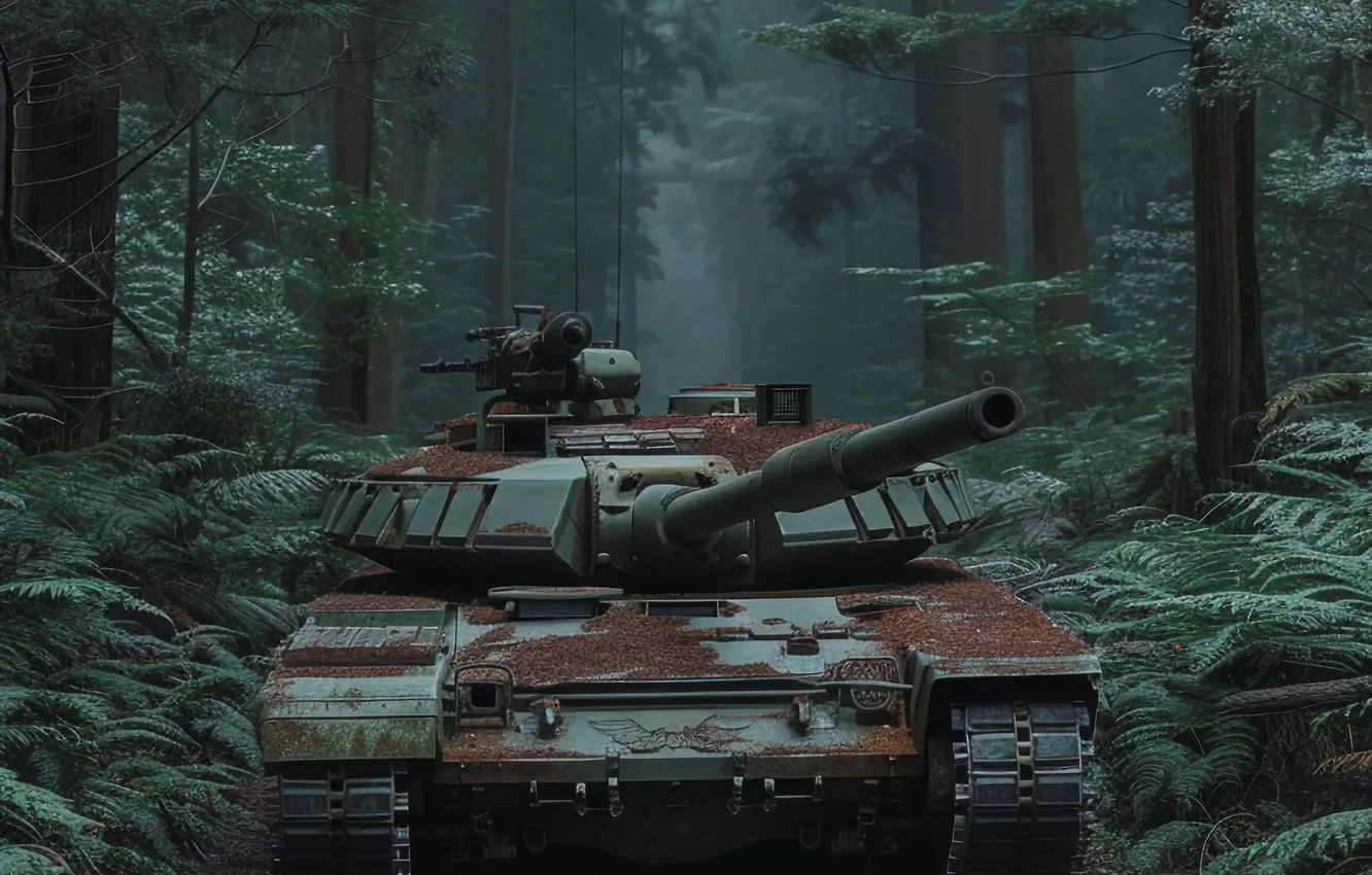 Photo wallpaper road, forest, trees, tank, digital art, AI art, The Art of Artificial Intelligence, neural network