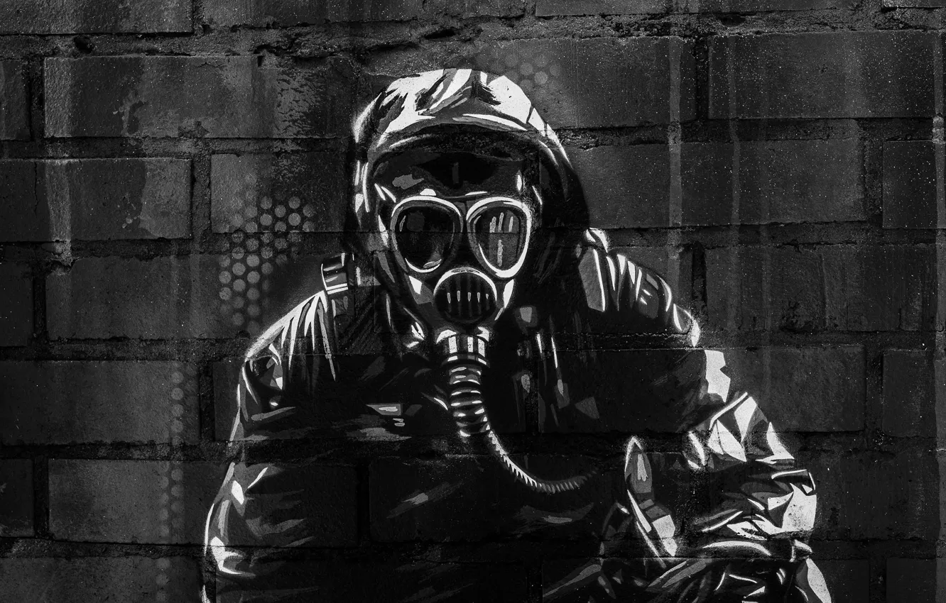 Photo wallpaper surface, wall, graffiti, texture, mask, machine, gas mask, graffiti