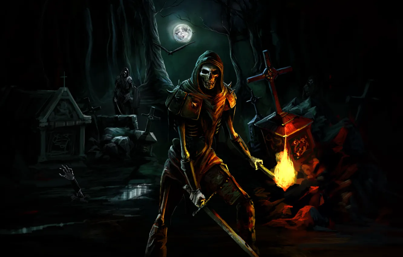 Photo wallpaper night, skeleton, cemetery, trine, undead
