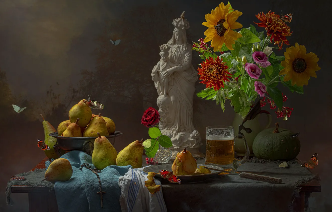 Photo wallpaper flowers, bouquet, figurine, still life, pear, The Madonna and child