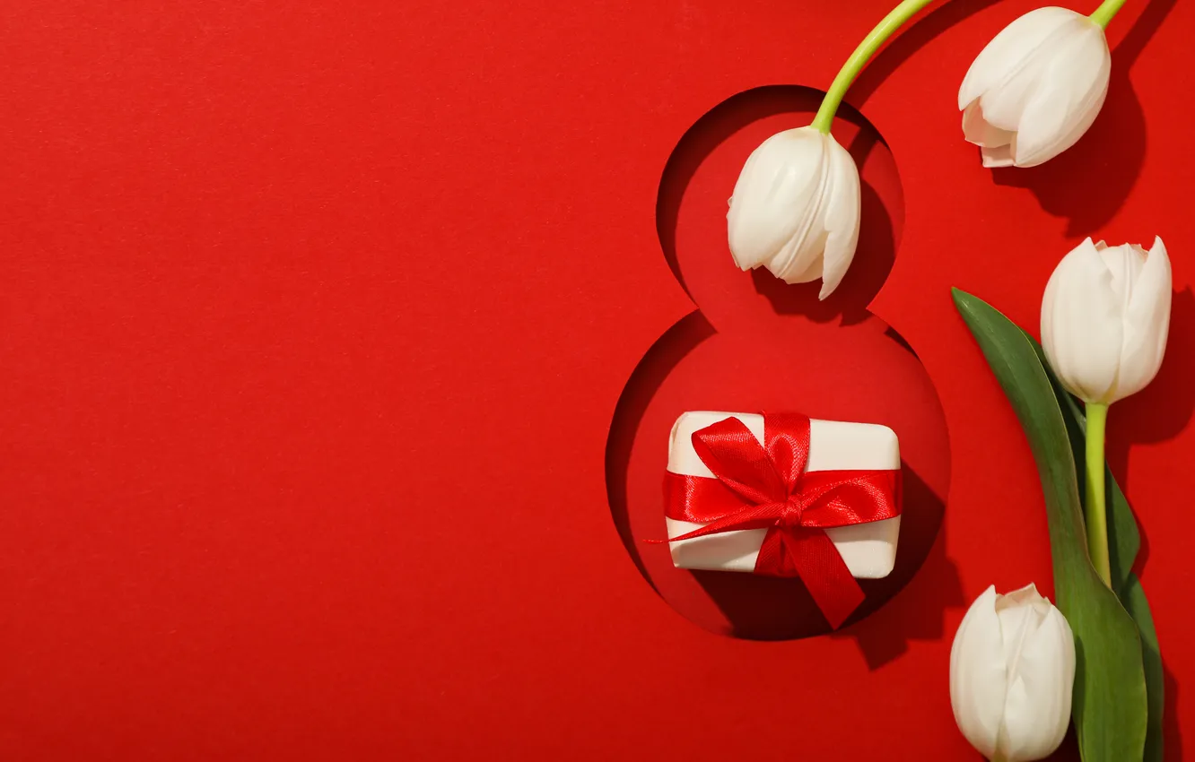 Photo wallpaper flowers, figures, tulips, red, March 8, red background, flowers, background