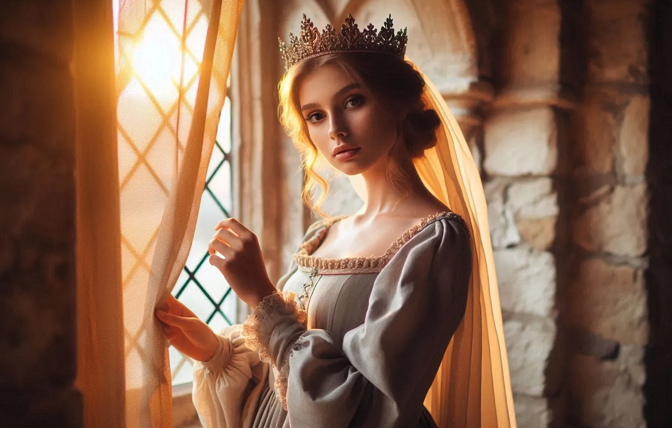 Photo wallpaper look, girl, the sun, light, face, pose, castle, wall