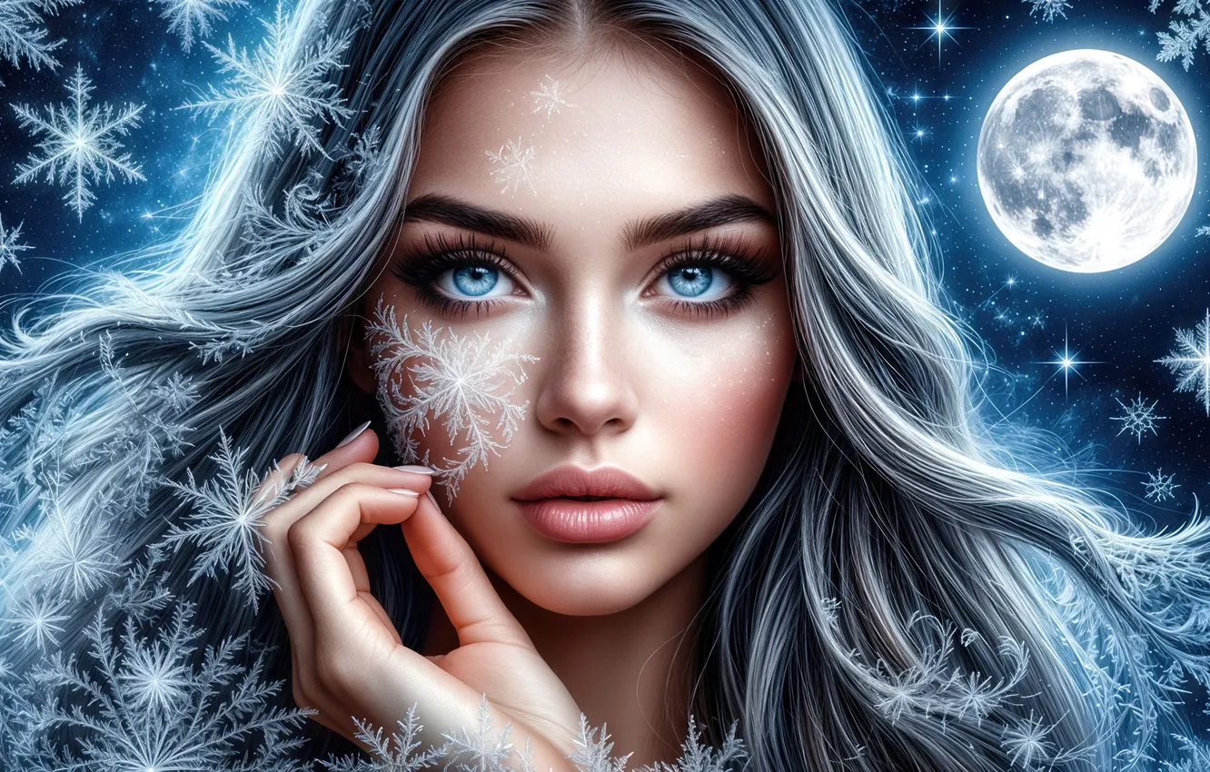Photo wallpaper winter, look, girl, snow, snowflakes, night, face, the moon