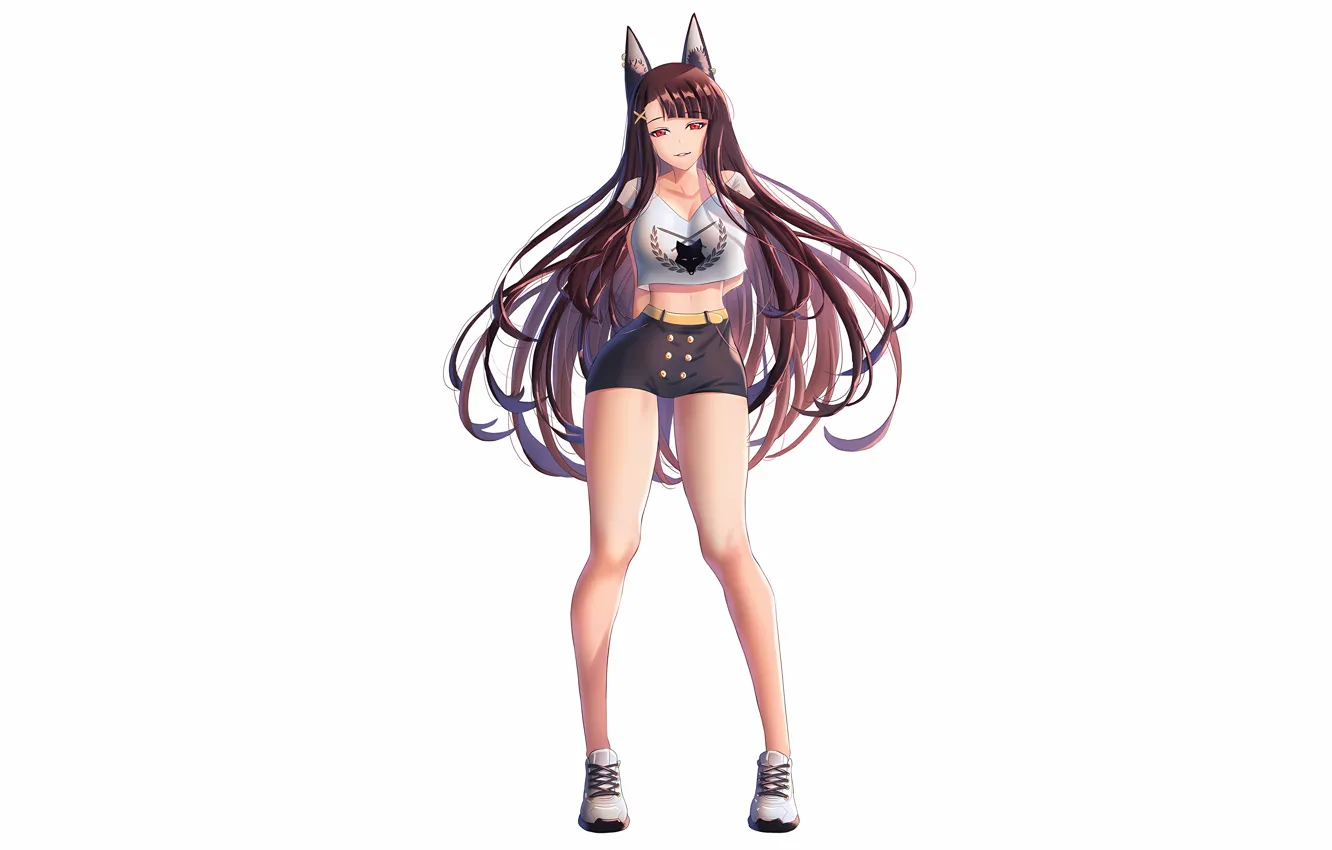 Photo wallpaper girl, sexy, cleavage, shorts, long hair, legs, brown hair, boobs