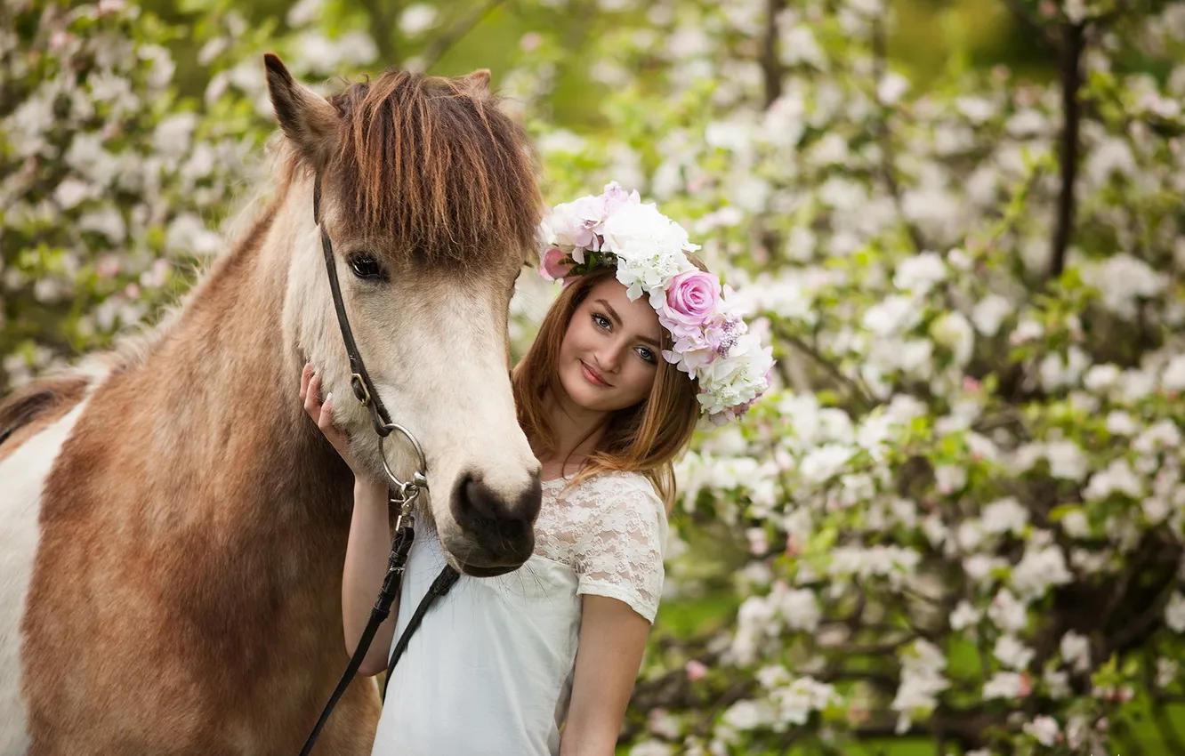 Photo wallpaper girl, mood, horse, spring