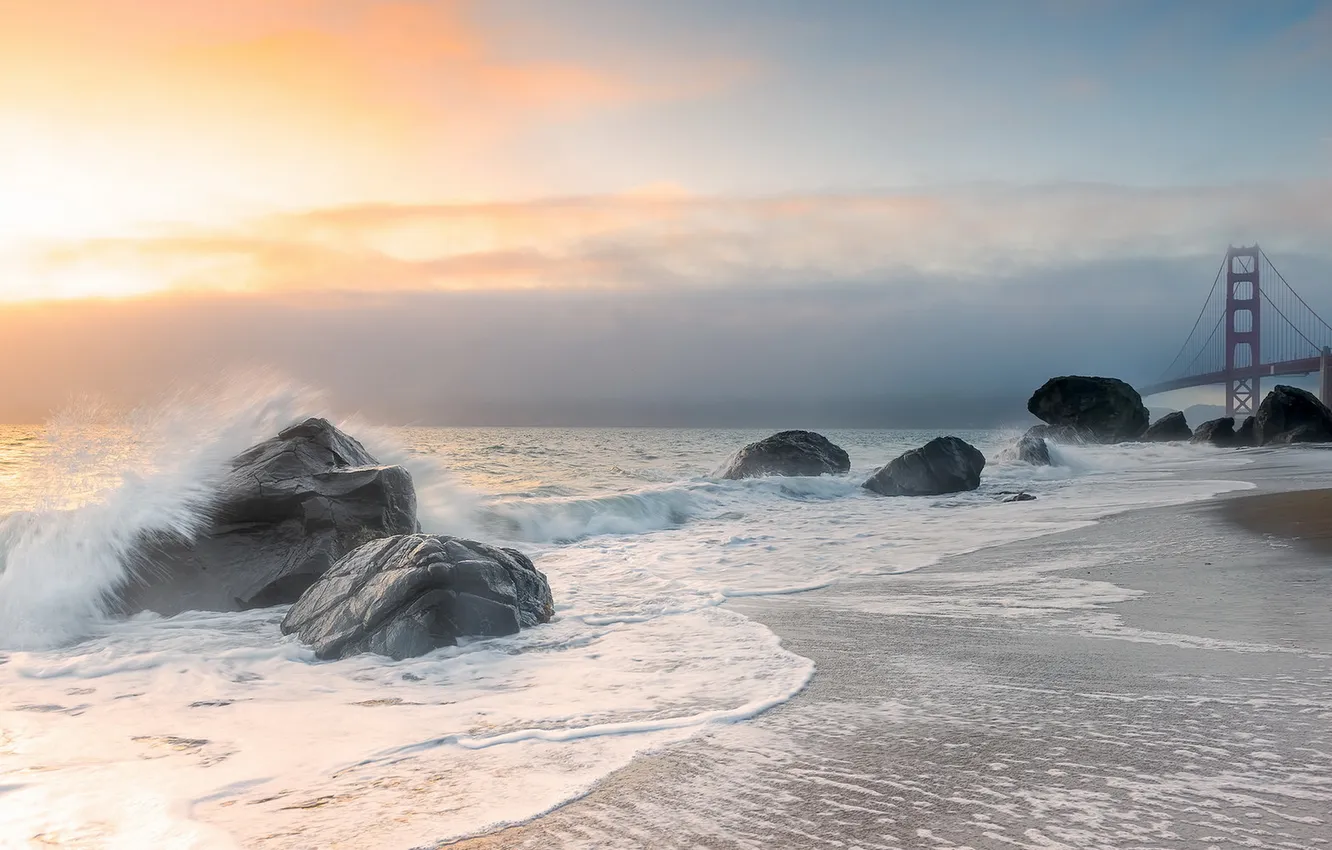 Photo wallpaper landscape, sunset, bridge, Golden Gate Bridge