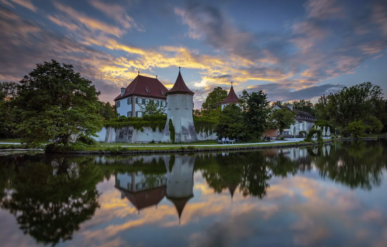Photo wallpaper sunset, Munich, Castle Blutenburg, Blutenburg Castle