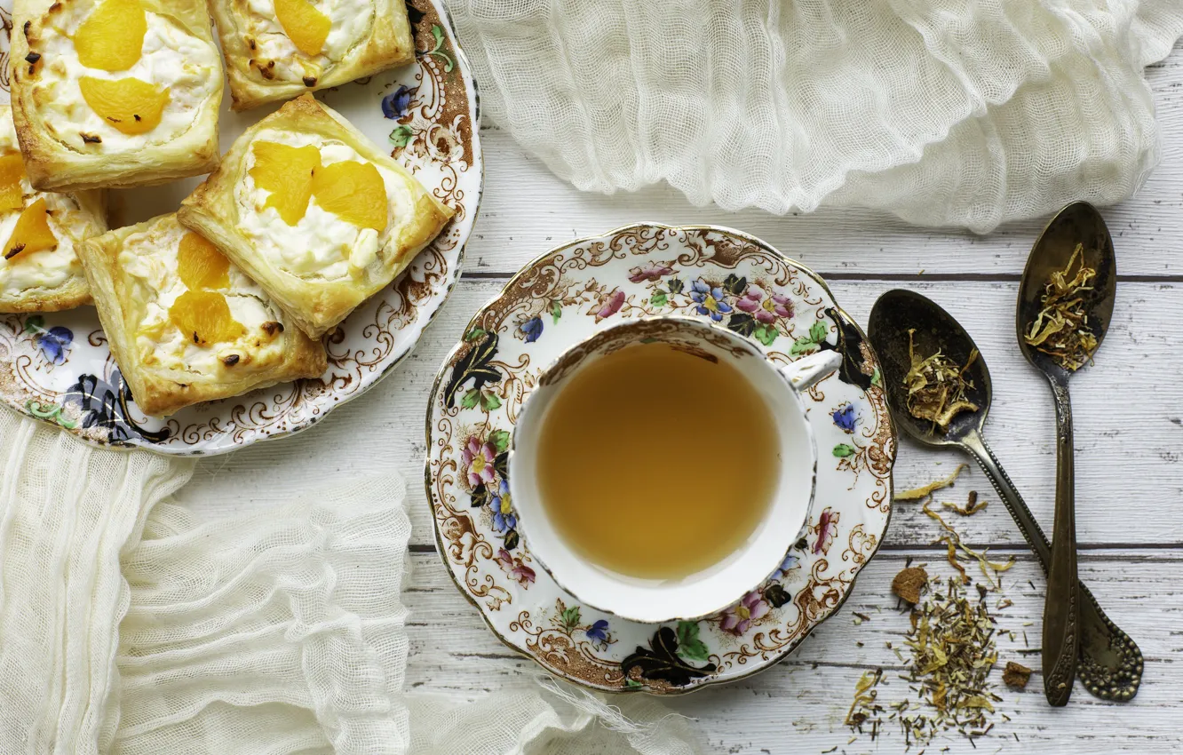 Photo wallpaper tea, spoon, Cup, cakes
