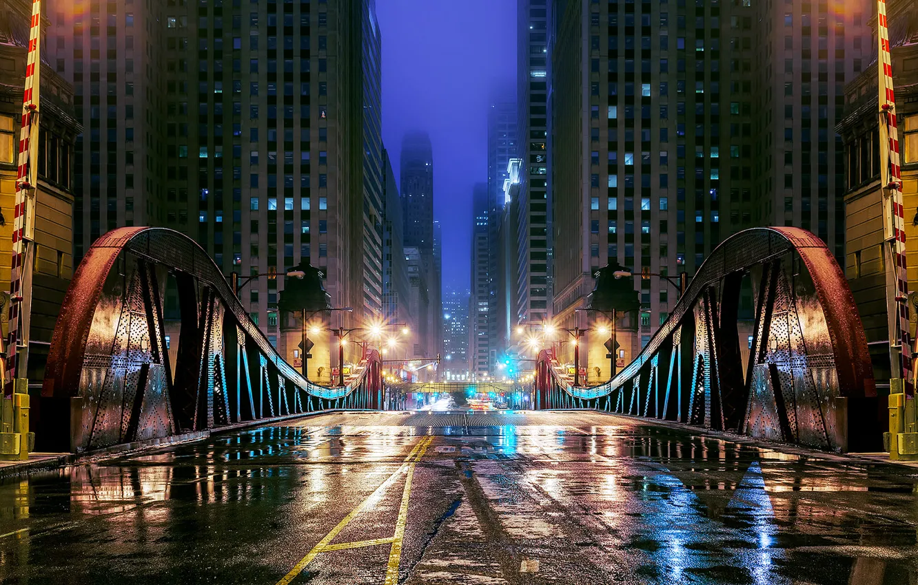 Photo wallpaper road, water, night, bridge, the city, lights, reflection, street