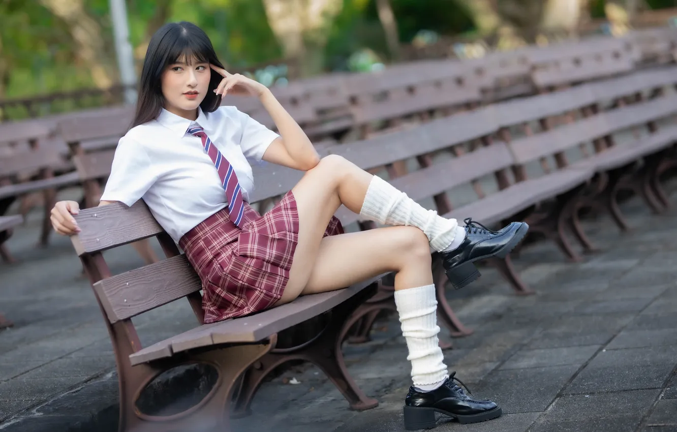 Photo wallpaper girl, bench, skirt, tie, blouse, legs, Asian, sitting