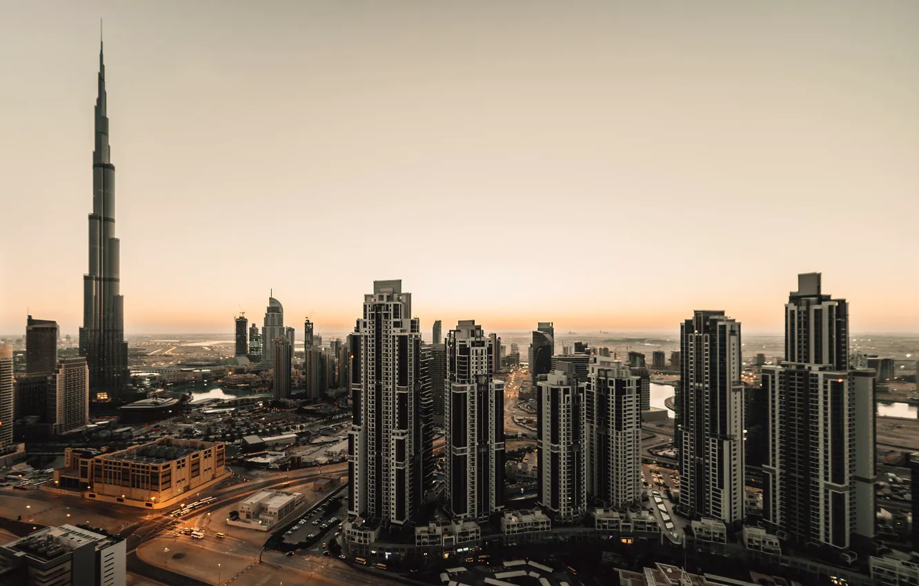 Photo wallpaper sunset, skyscrapers, Dubai, architecture, UAE, Burj Khalifa