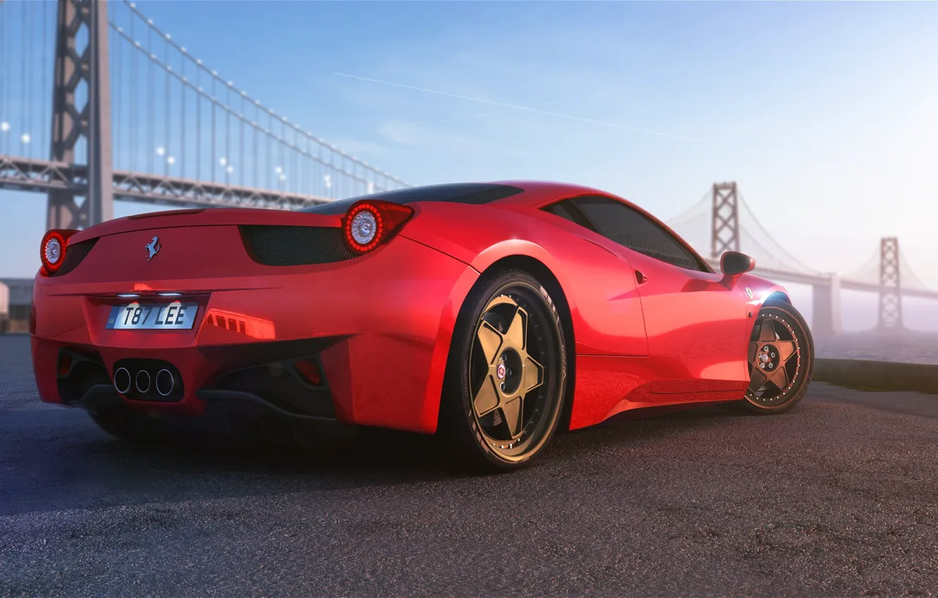 Photo wallpaper Ferrari, Red, 458, Bridge, Vintage, Italia, Supercar, Wheels