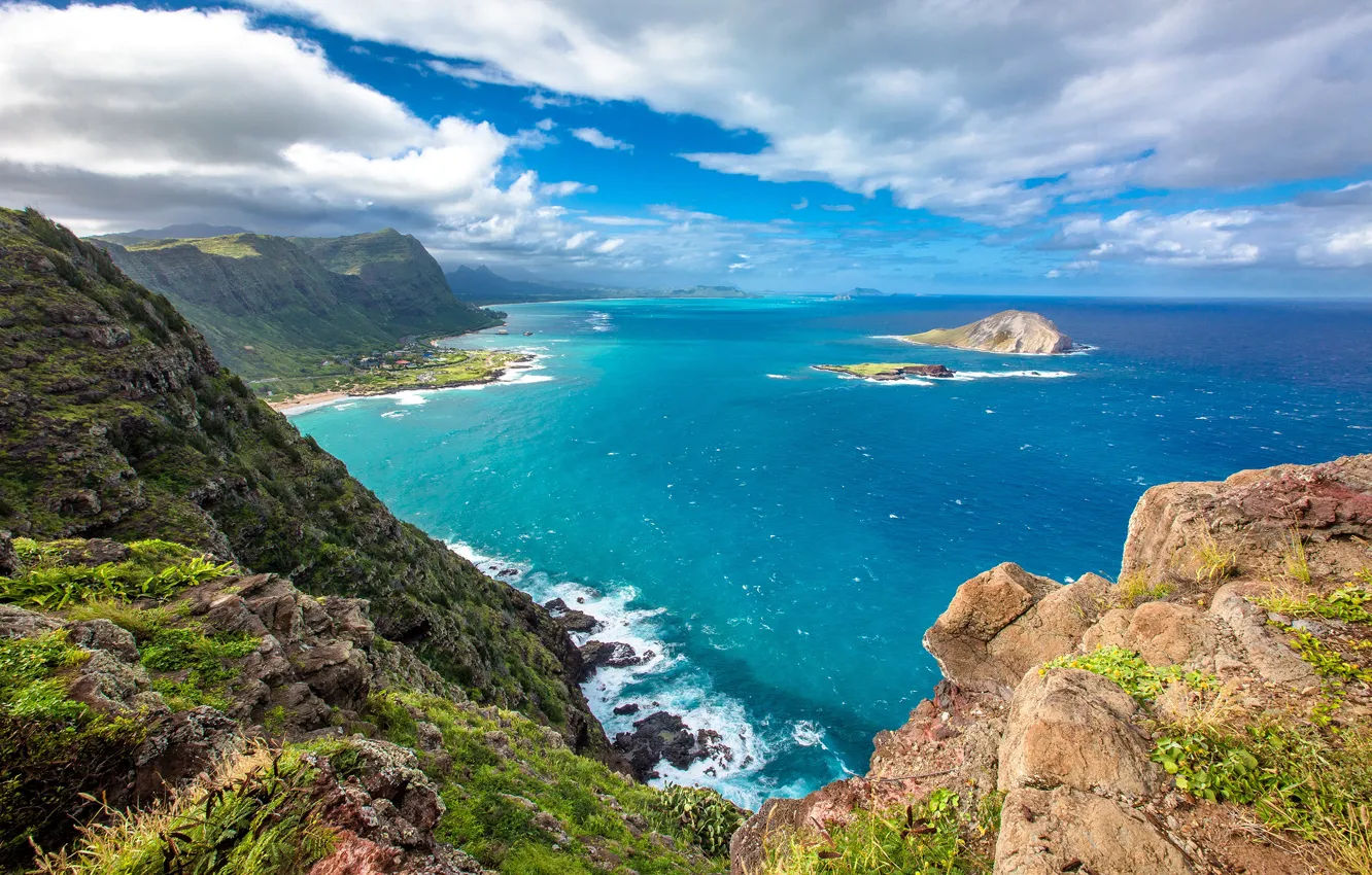 Photo wallpaper sea, the sky, clouds, tropics, rocks, coast, horizon, Hawaii