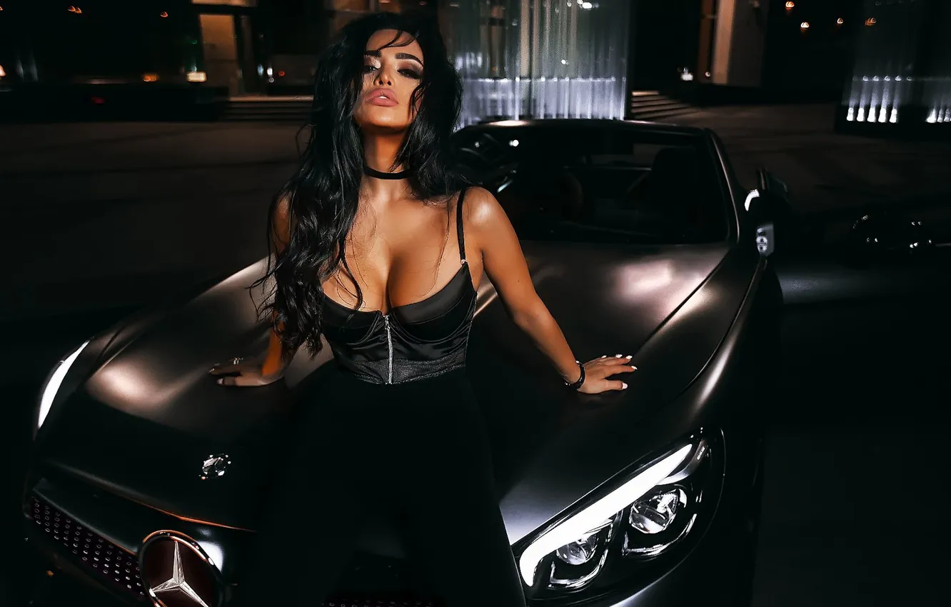 Photo wallpaper car, girl, cleavage, model, brunette, cute, Charming