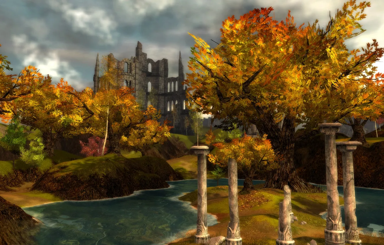 Photo wallpaper autumn, trees, river, the ruins, columns, ruins, Guild Wars