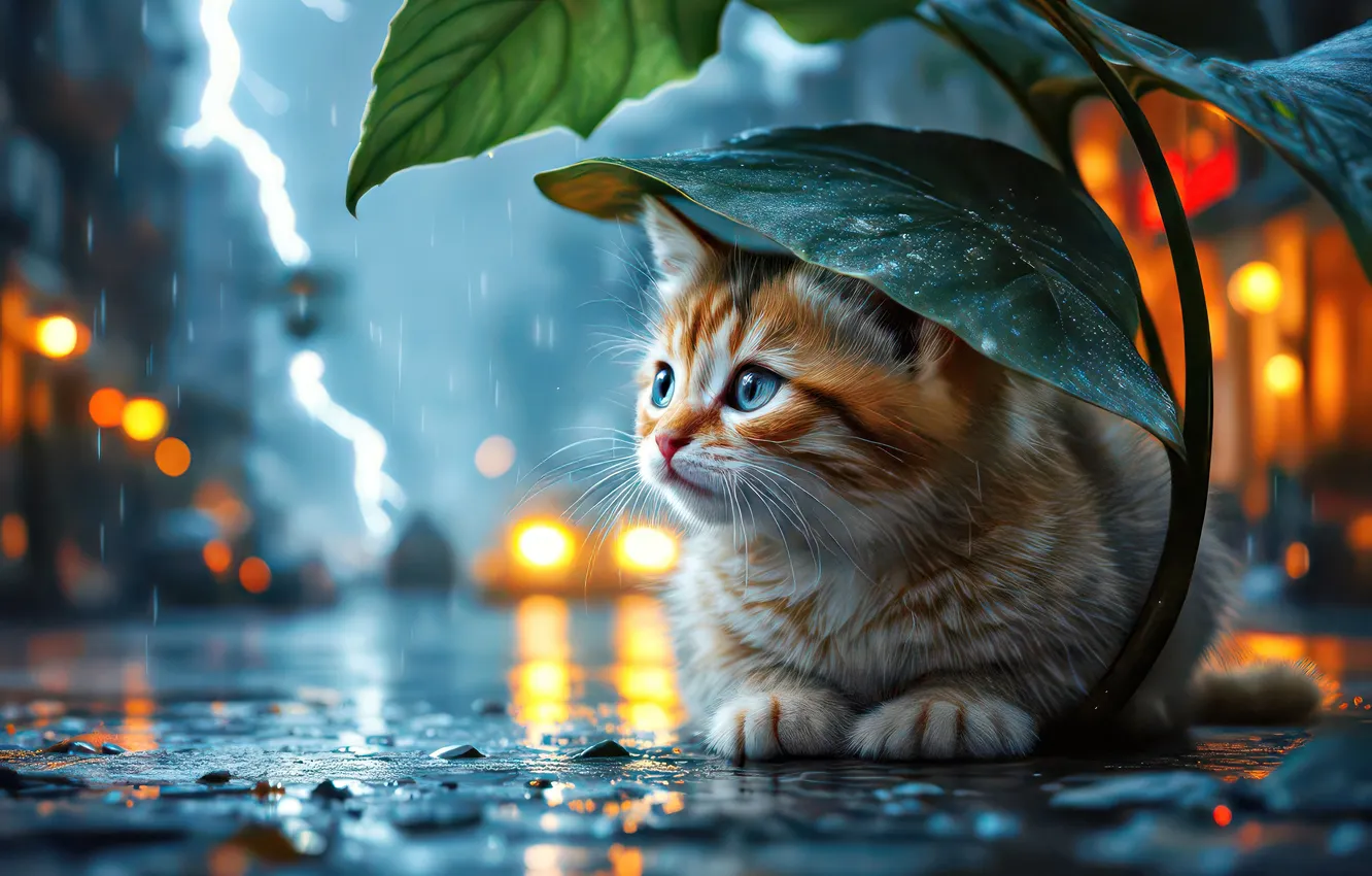 Photo wallpaper road, the storm, cat, look, leaves, night, lights, pose