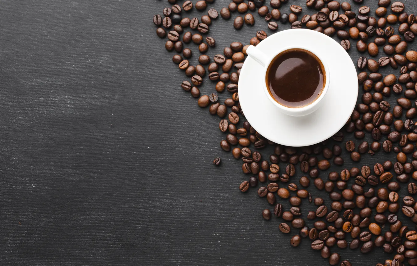 Photo wallpaper table, coffee, Cup, grey background, coffee beans, saucer, black coffee