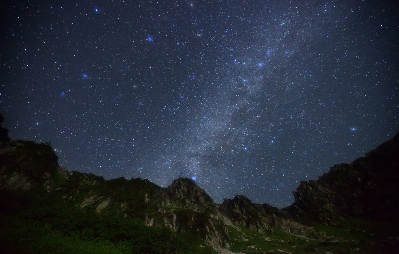 Photo wallpaper space, stars, mountains, night