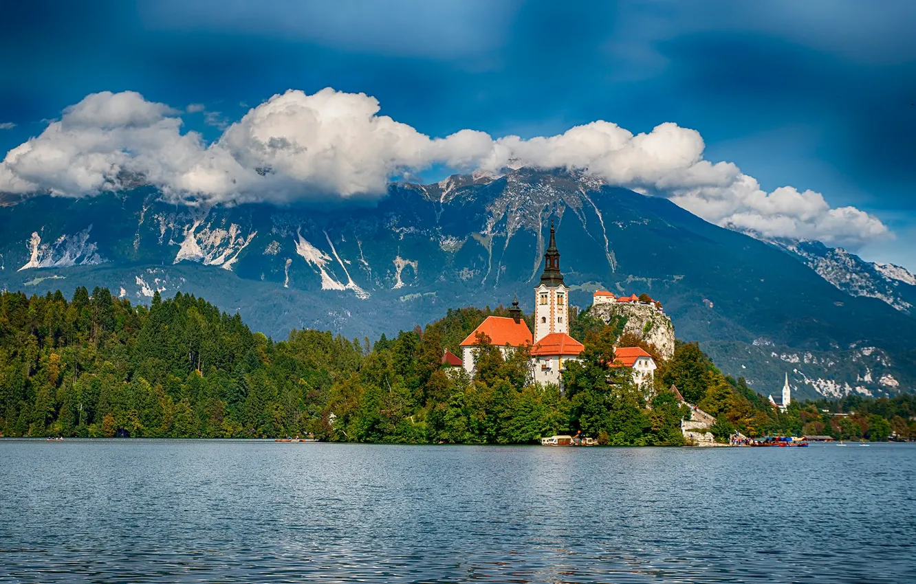 Photo wallpaper forest, clouds, mountains, lake, island, Slovenia, Lake Bled, Slovenia