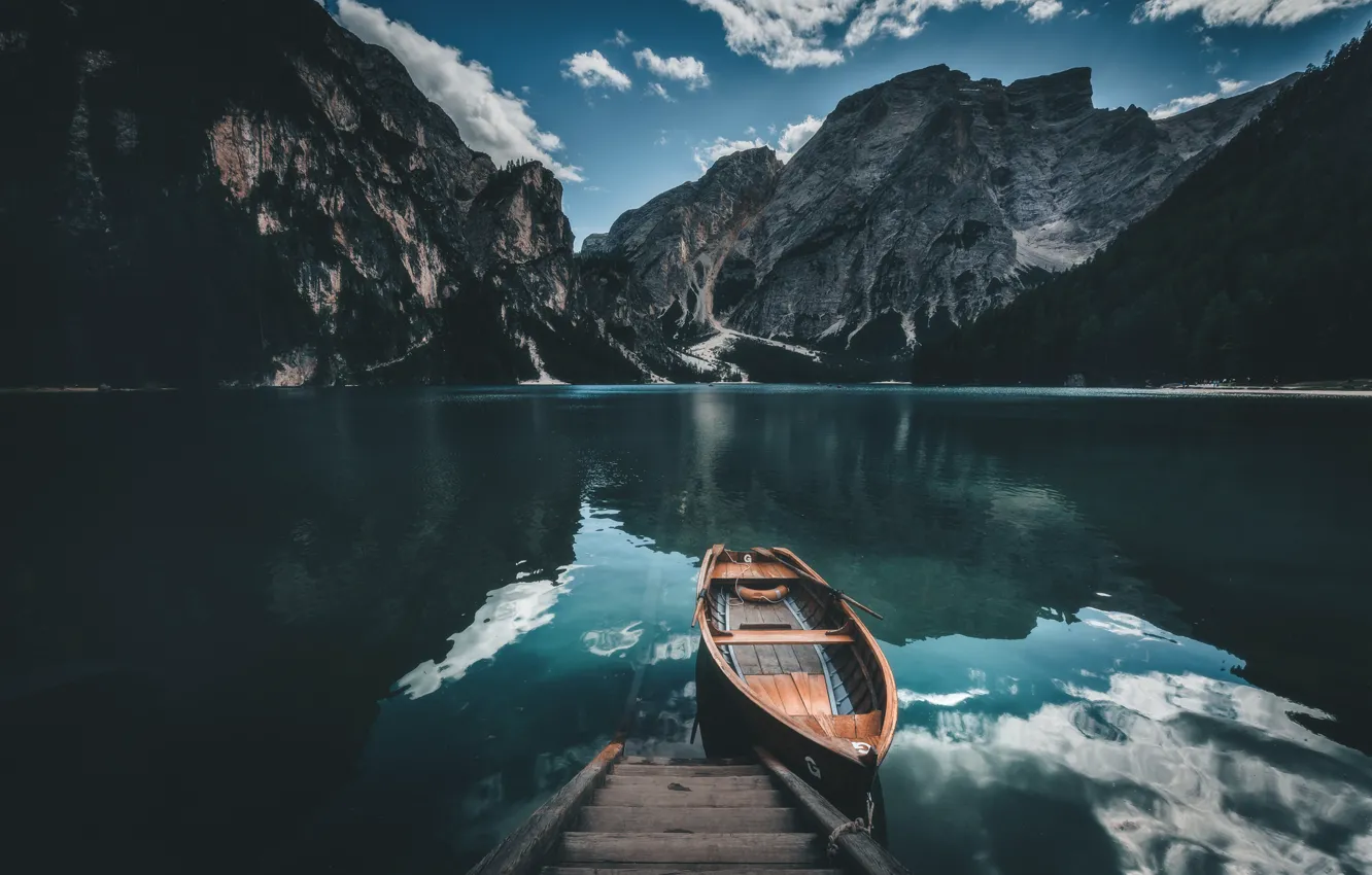 Photo wallpaper mountains, lake, boat