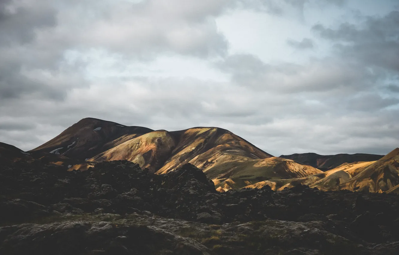 Photo wallpaper sky, nature, mountains, clouds, hills, stones, Iceland, ground