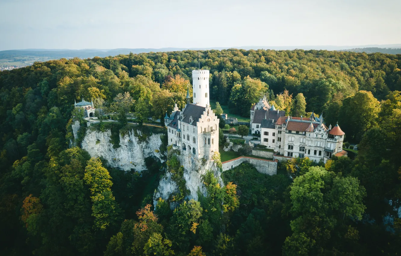 Photo wallpaper autumn, forest, castle, rocks, Germany, Germany, Lichtenstein, Lichtenstein