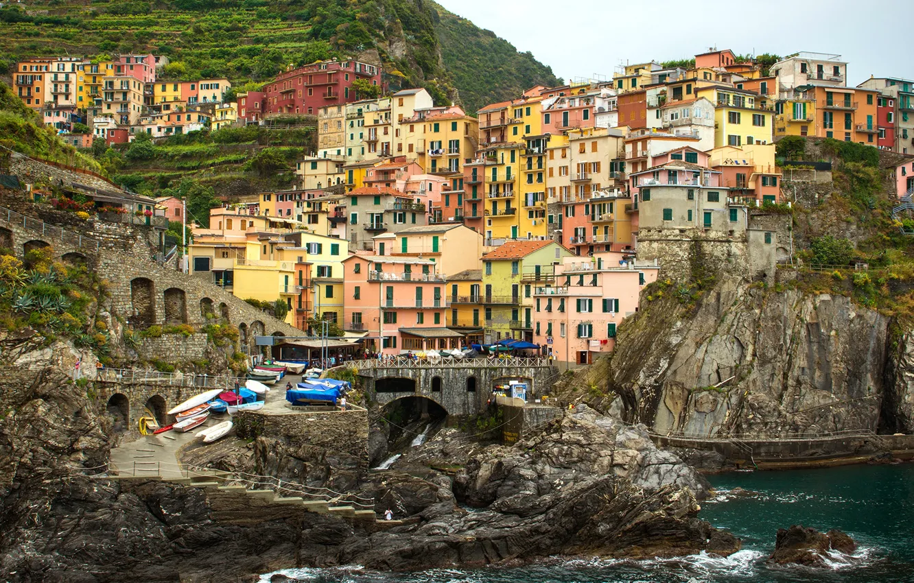 Photo wallpaper sea, rocks, home, Italy, Manarola, Cinque Terre