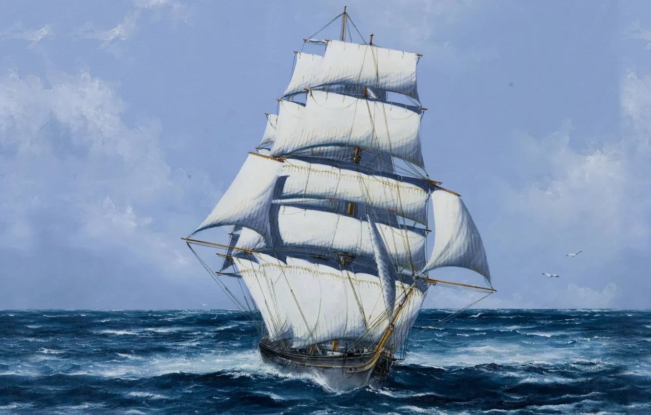 Photo wallpaper Sea, Figure, Ship, Sailboat, Mast, Sails, Seagulls, White sails