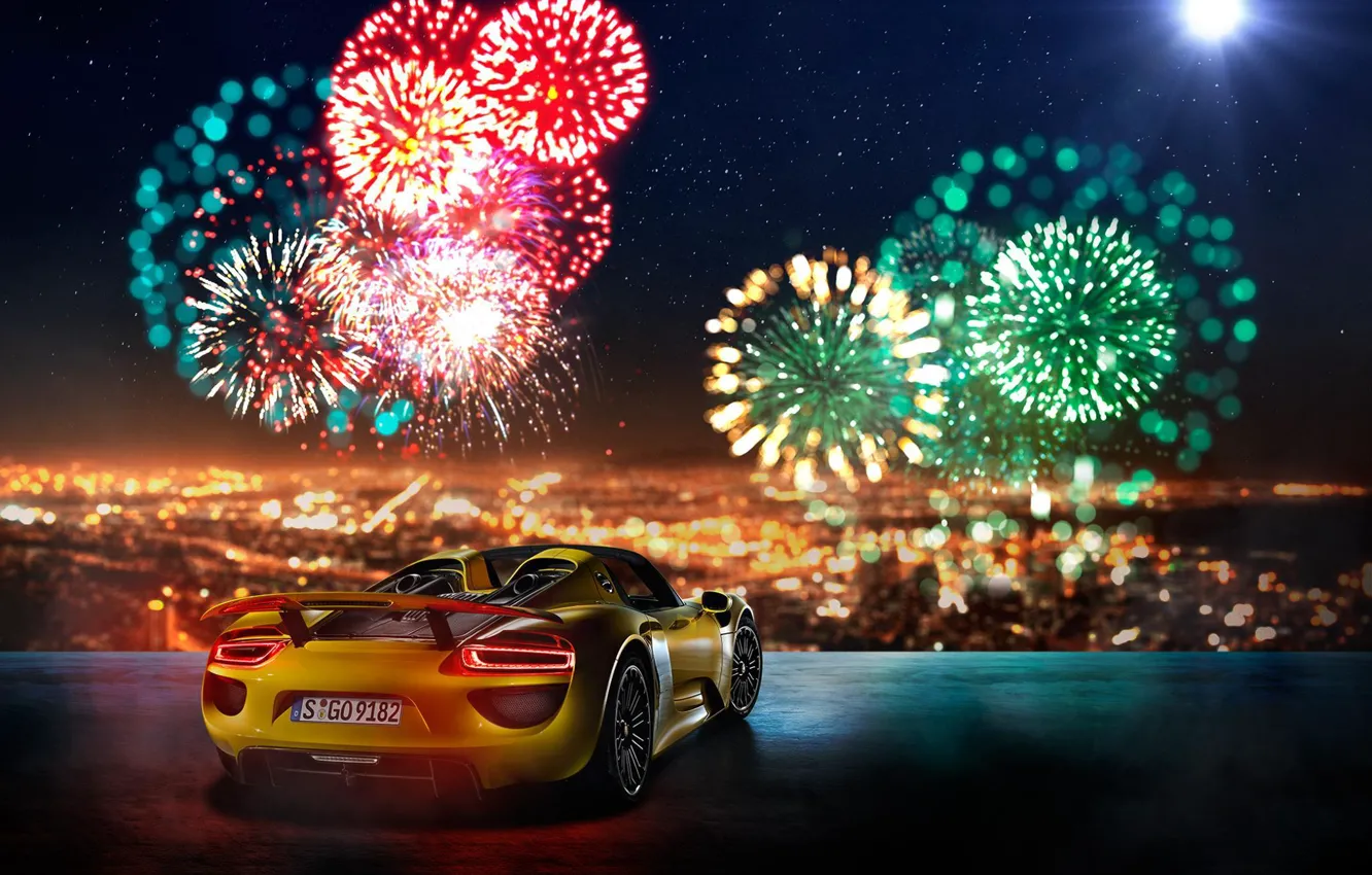 Photo wallpaper Porsche, 918, Yellow, Supercar, Fireworks, Rear