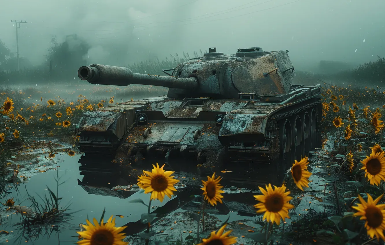 Photo wallpaper field, sunflowers, fog, puddle, tank, digital art, AI art, The Art of Artificial Intelligence