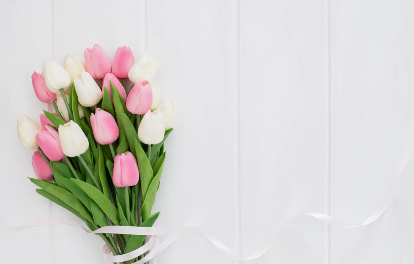 Photo wallpaper white, background, tape, tulips, pink, wood, tulips, bouguet