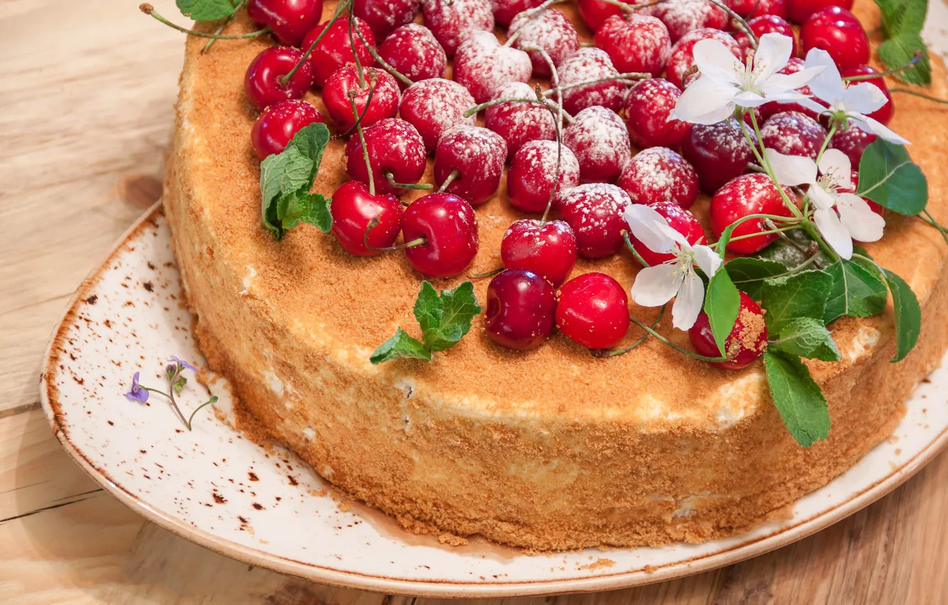 Photo wallpaper flowers, cherry, berries, pie, cake, cherry