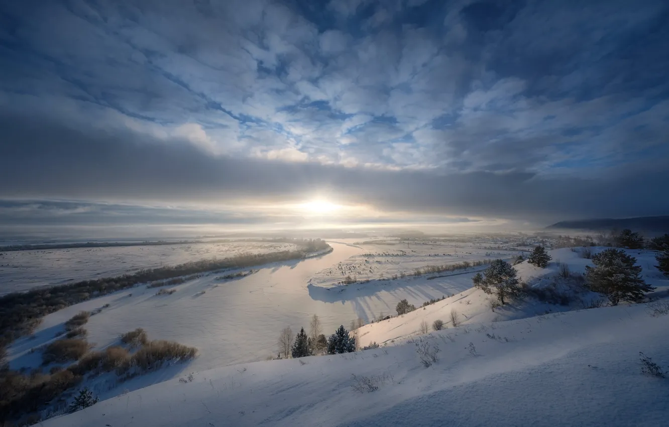 Photo wallpaper winter, the sun, clouds, snow, landscape, nature, river, dawn