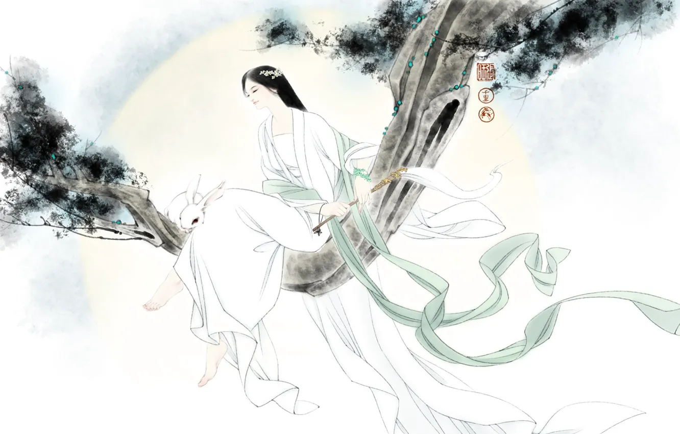 Photo wallpaper girl, branches, mood, the wind, rabbit, art, Bunny