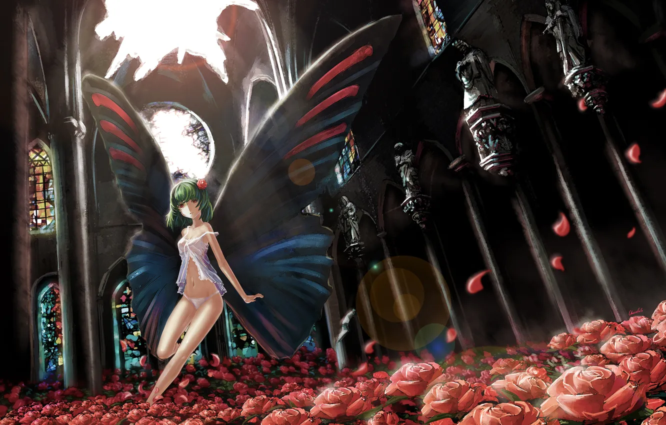 Photo wallpaper girl, light, flowers, butterfly, figure, roses, wings, columns