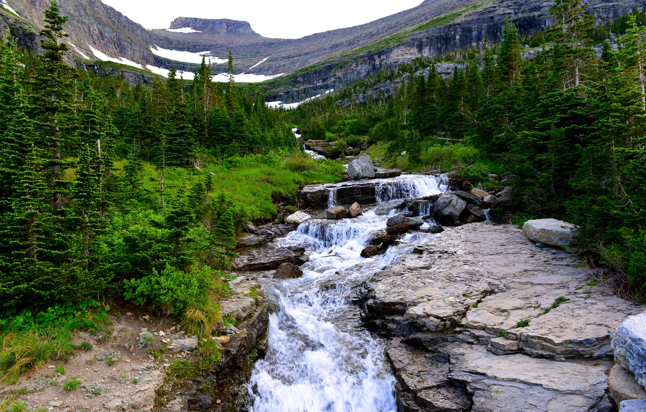 Photo wallpaper the sky, trees, mountains, river, rocks
