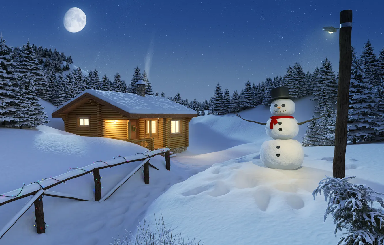 Photo wallpaper forest, light, snow, the fence, Winter, The moon, house, snowman