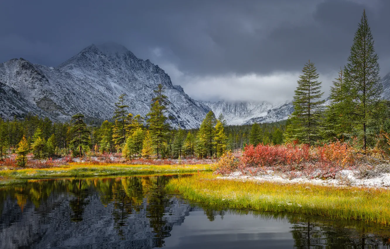 Photo wallpaper clouds, trees, mountains, lake, beauty, Picturesque Landscape, Evdokimov Maxim, Nice day