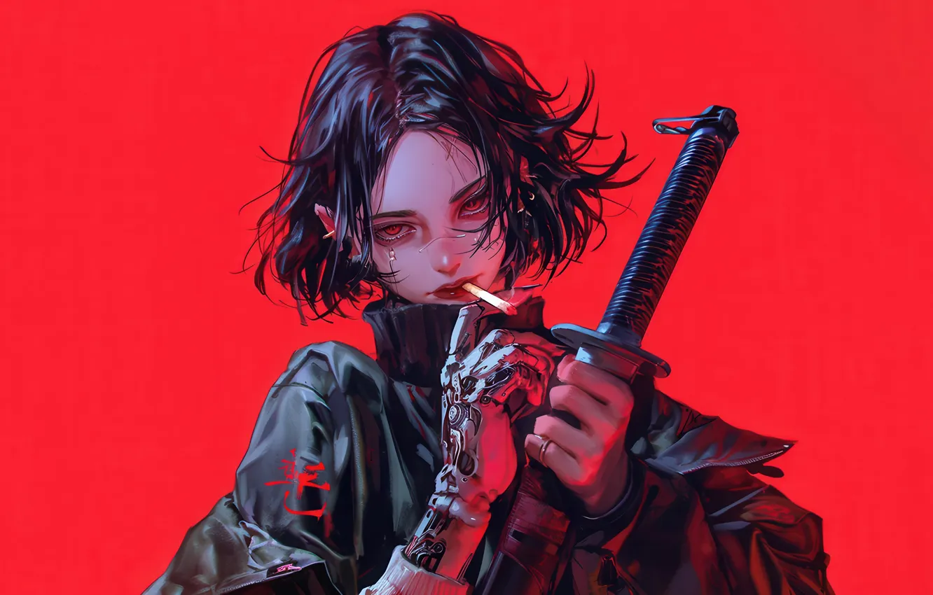 Photo wallpaper Red Background, AI Generated, girl, smoking, Anime, AI Art, katana, Anime Girl