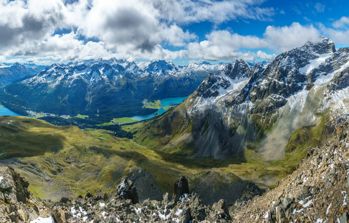 Photo wallpaper the sky, clouds, light, snow, mountains, river, blue, rocks