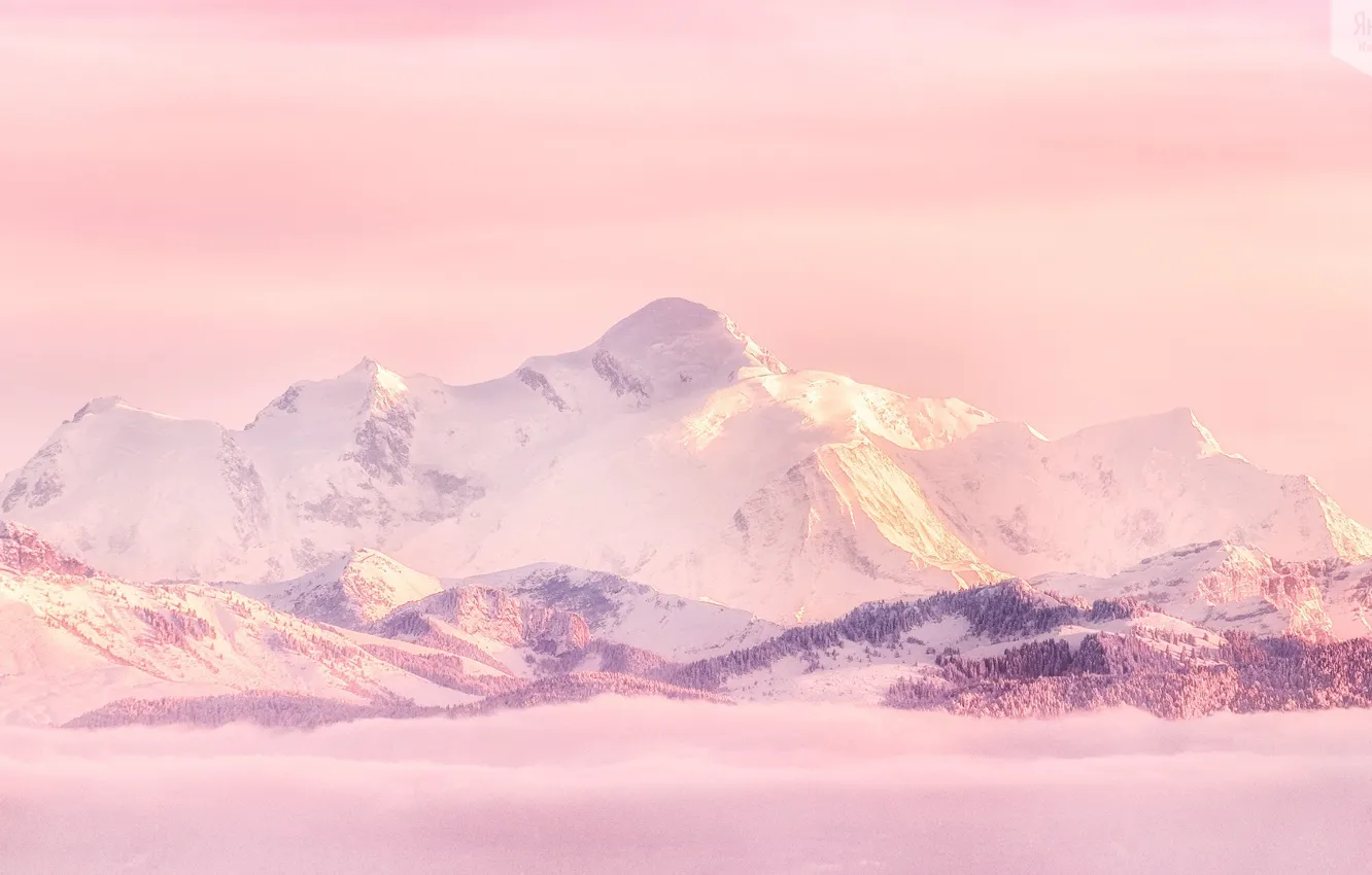 Photo wallpaper snow, mountains, pink sky