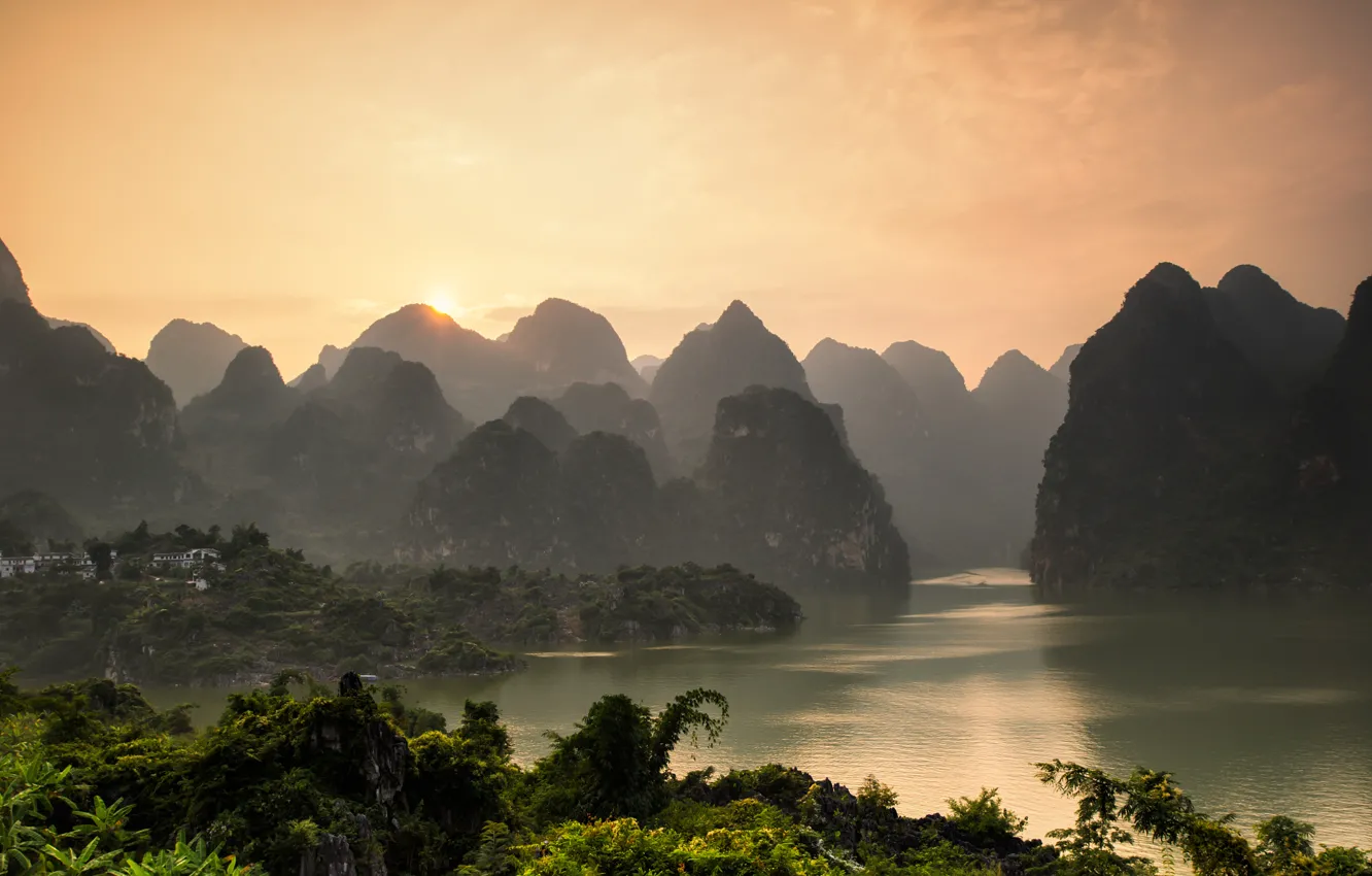 Photo wallpaper sea, forest, the sky, the sun, mountains, China, river, sunset