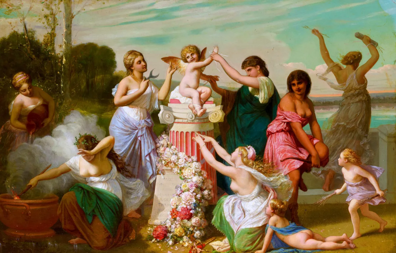 Photo wallpaper girl, wings, picture, Cupid, French artist-academics, Henri Pierre Picou, Henri-Pierre Picou, Trimming Cupid's wings